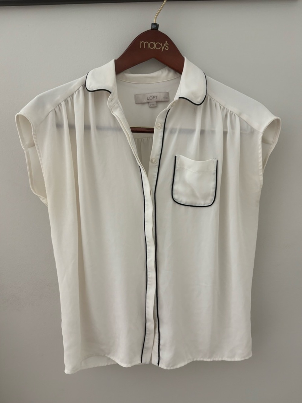 LOFT White Button-Down Shirt with Black Piping